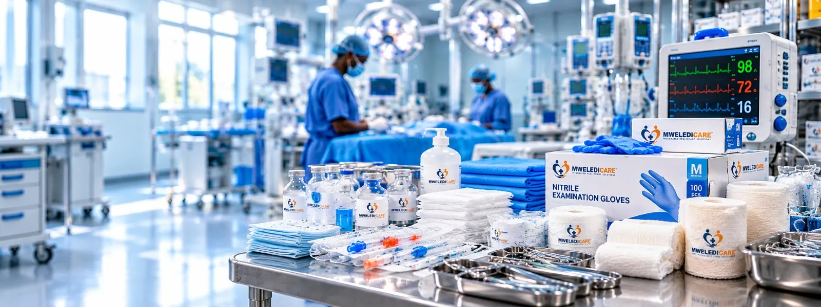 Medical consumables and equipment on hospital store shelves